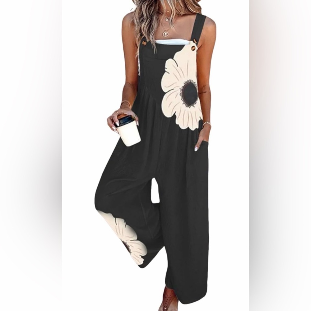 🆕Floral Overalls One Piece Wide Leg Pants Rompers with Pockets